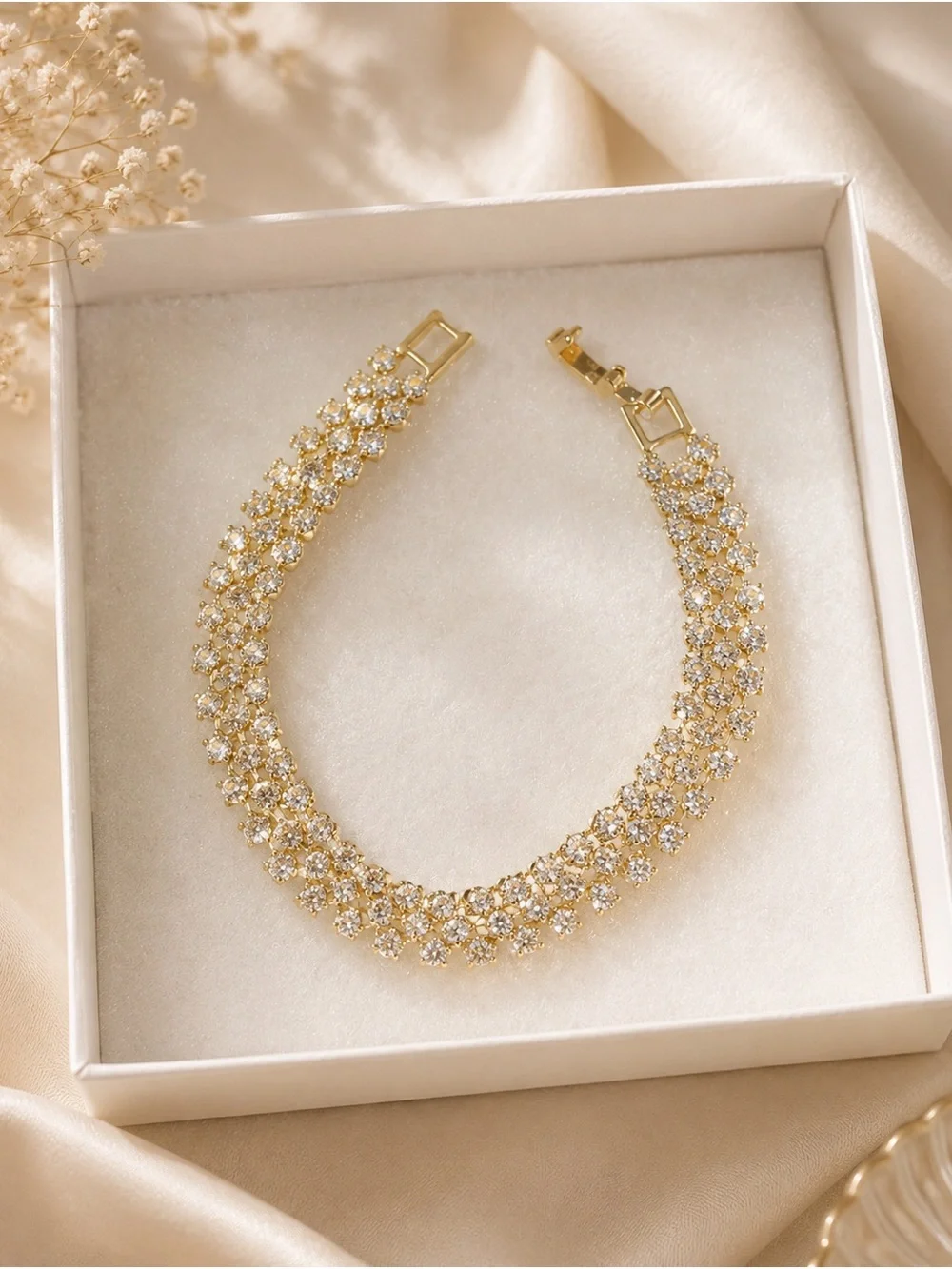 Brazilian Gold Sparkling CZ Statement Bracelet- Elegant Floral Design